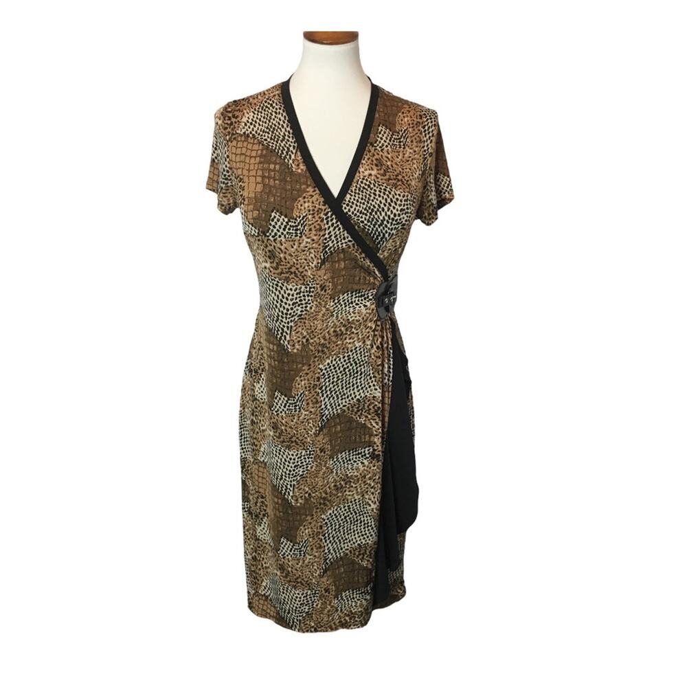 Milano Wrap Dress Small Animal Print Faux Leather Buckle Short Sleeve Office